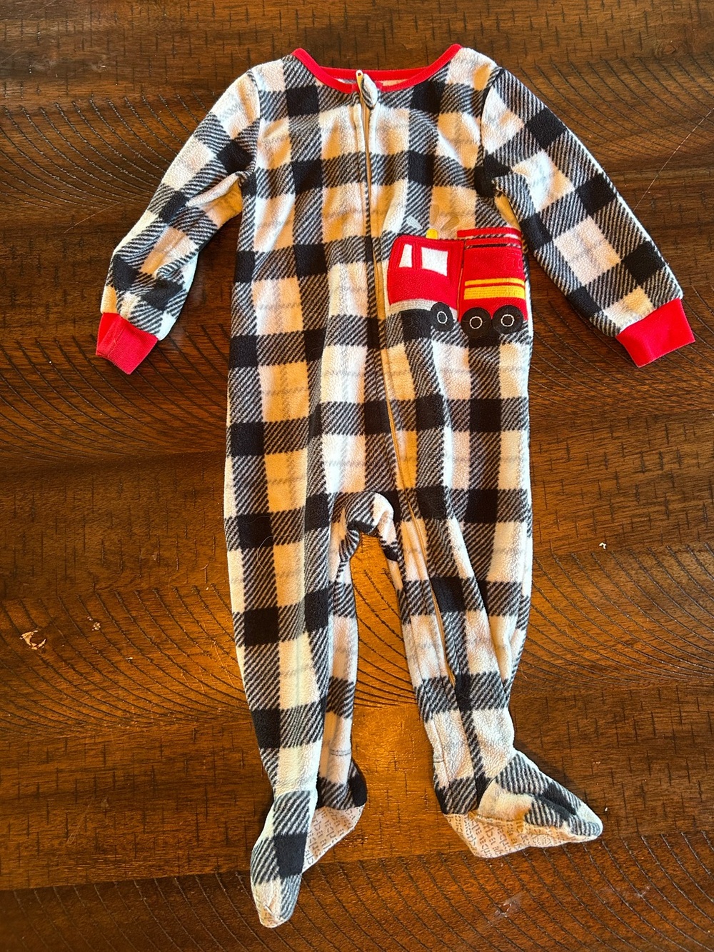 Absorba Black and White Plaid Footed One-Piece with Red Fire Truck